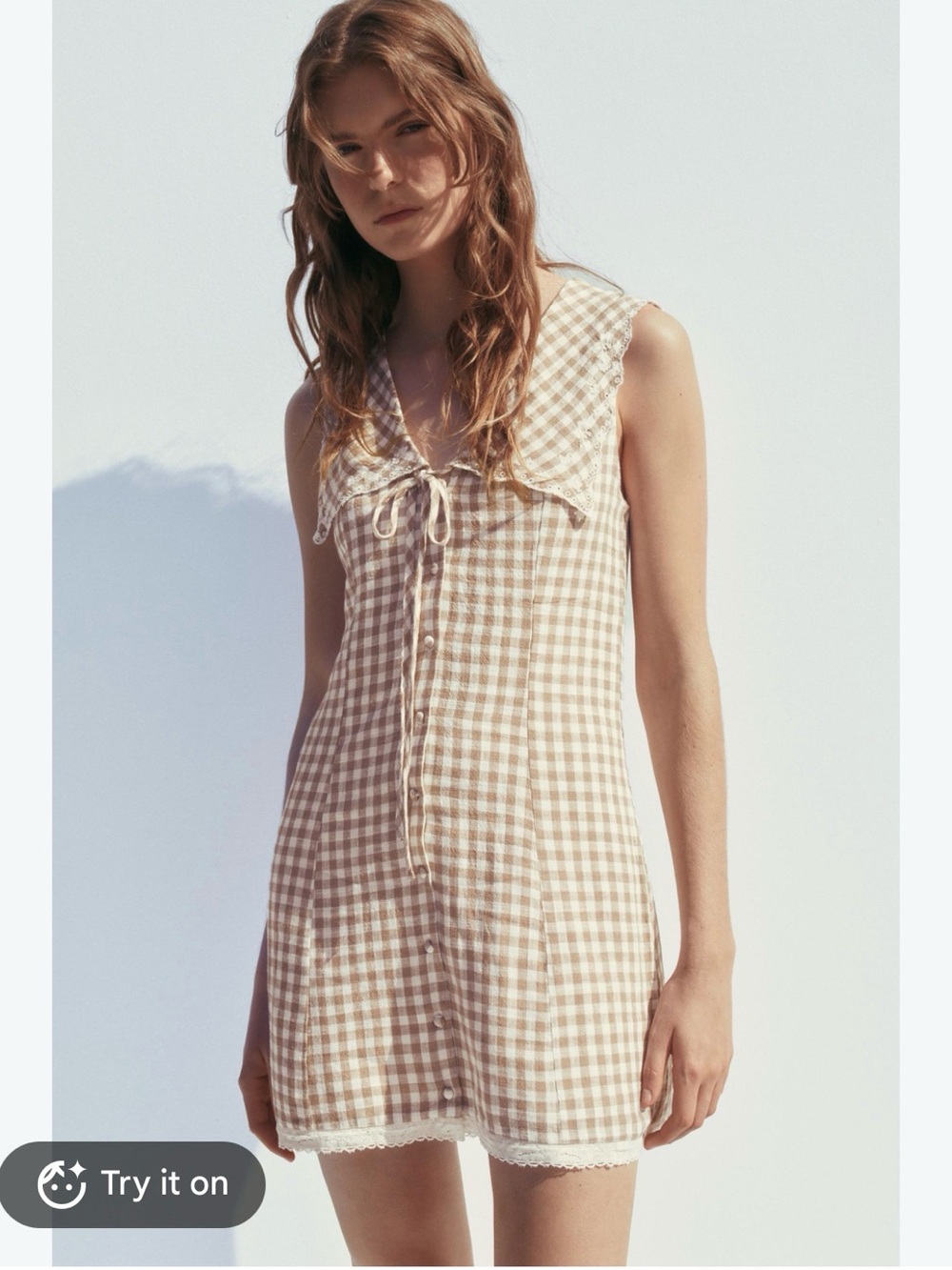 Zara Beige Gingham Sleeveless Mini Dress with Lace Hem